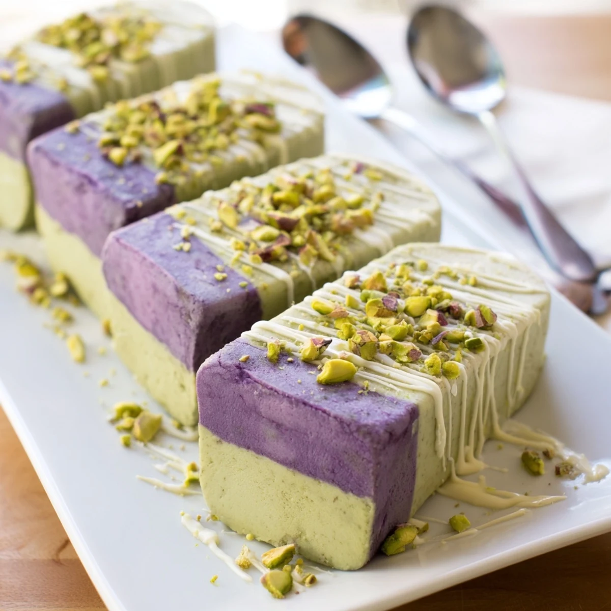 Creamy ube and pistachio ice cream bars drizzled with sweetened condensed milk.  