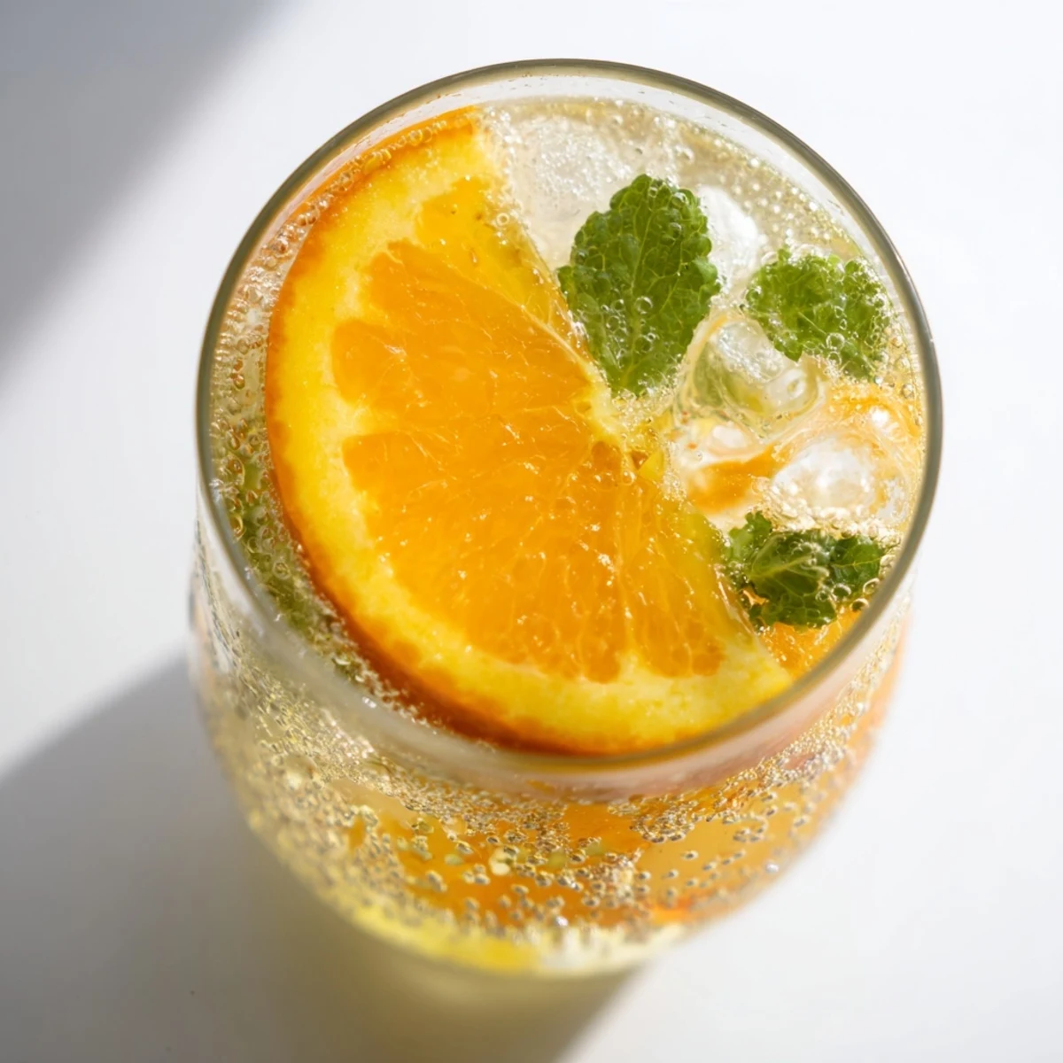 Chilled probiotic soda mocktail brimming with vibrant citrus and refreshing herbs.