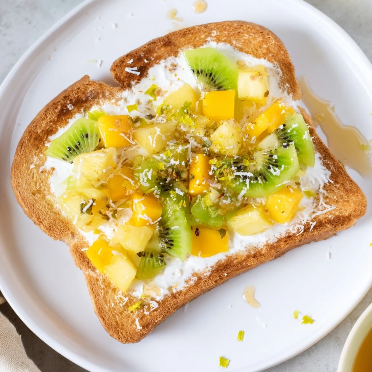 Delicious yogurt-custard toast featuring fresh mango, kiwi, and coconut for sunny mornings.  