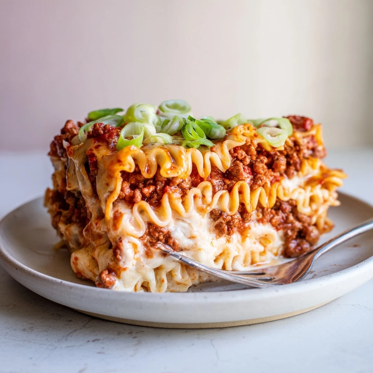 Layered Spicy Ramen Lasagna with tangy sauce and bubbling cheese fresh from the oven.  