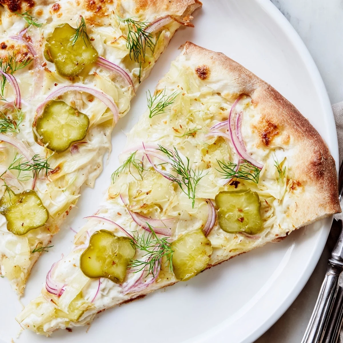 Deliciously cheesy Pickle Pizza garnished with dill, perfect for adventurous eaters.  