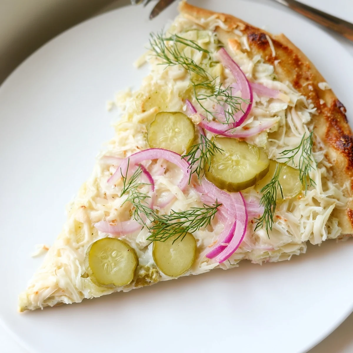 Tangy Pickle Pizza topped with creamy sauce and fresh dill for a unique twist.  