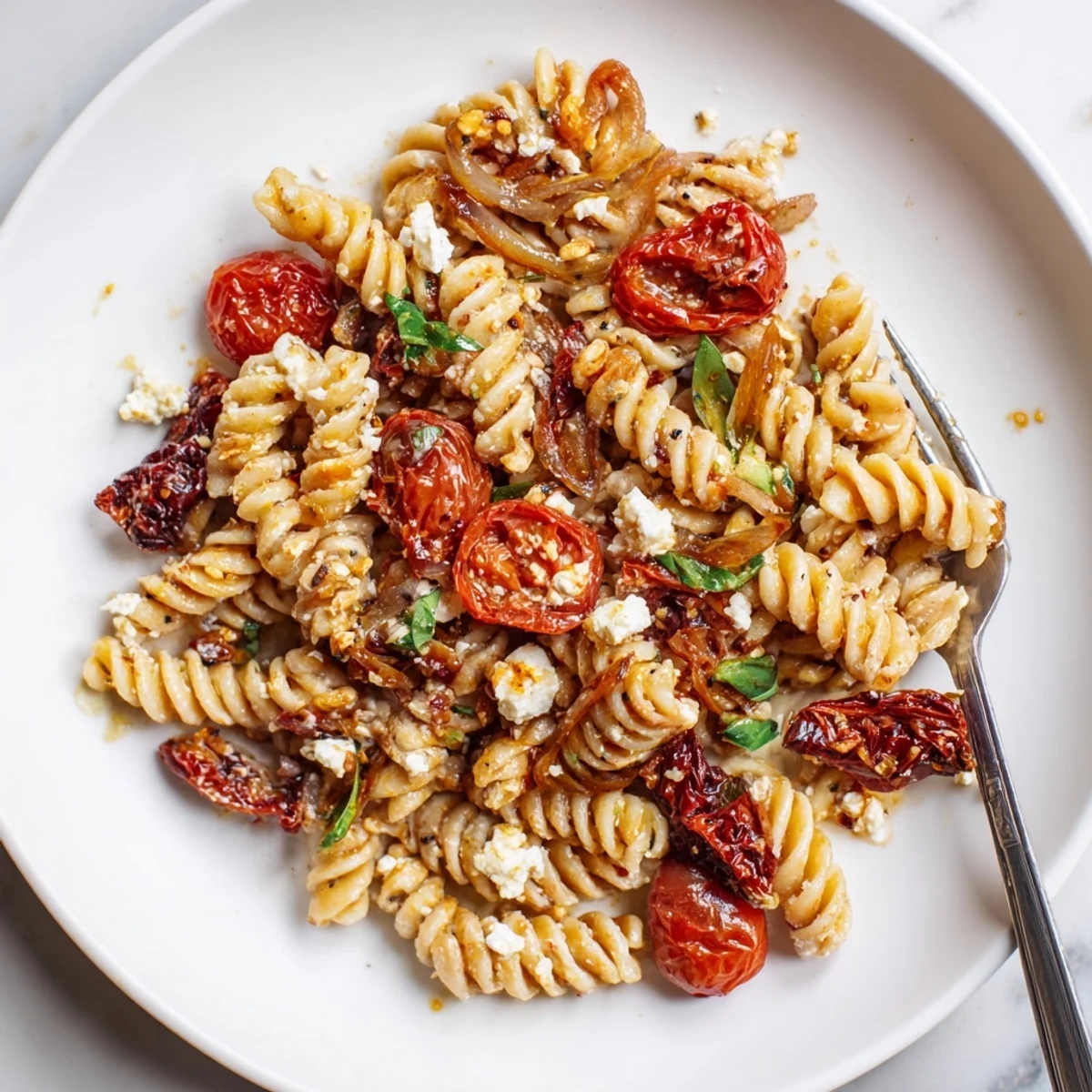 Creamy Baked Feta Pasta with sun-dried tomatoes and caramelized onions, perfect for dinner.