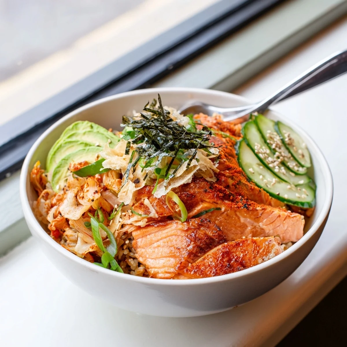 Crispy salmon rice bowl topped with spicy mayo, avocado, and kimchi delightfully served.  