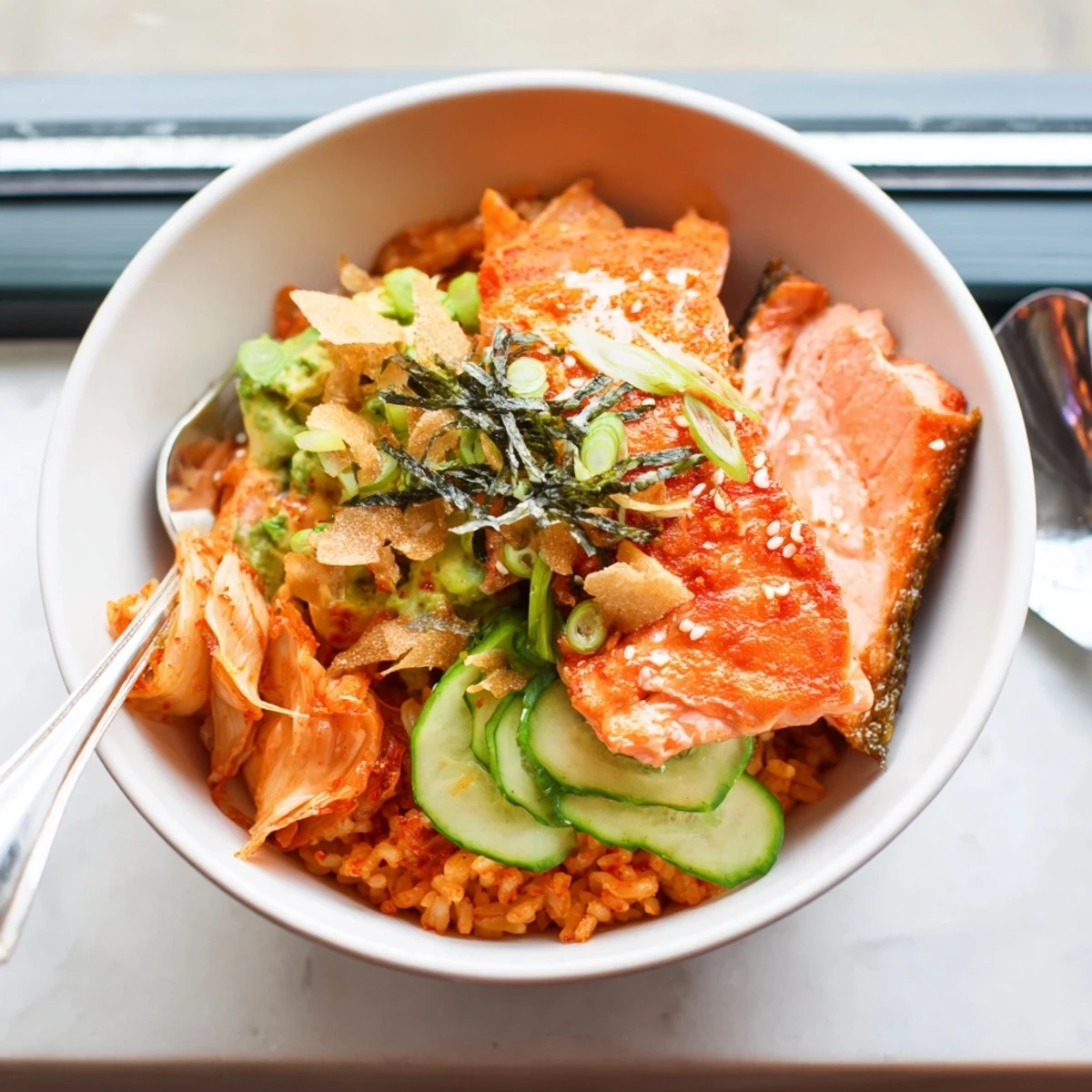 Flavorful crispy salmon rice bowl garnished with fresh vegetables and zesty spicy mayo.  