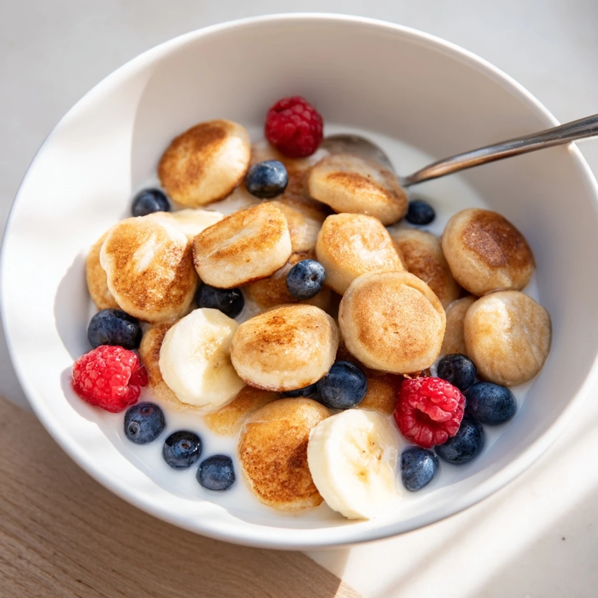Colorful mini pancake cereal piled high in a bowl, ideal for brunch enjoyment.