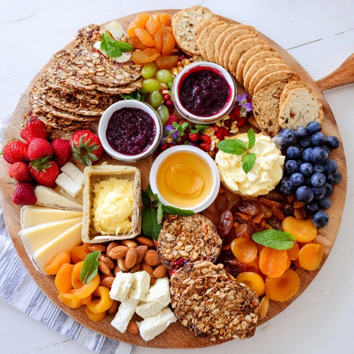 A colorful jam-infused brunch board brimming with fresh fruits and artisanal cheeses.  
