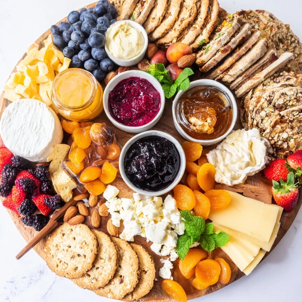Beautifully arranged jam-infused brunch board featuring a variety of sweet spreads and fresh bread.