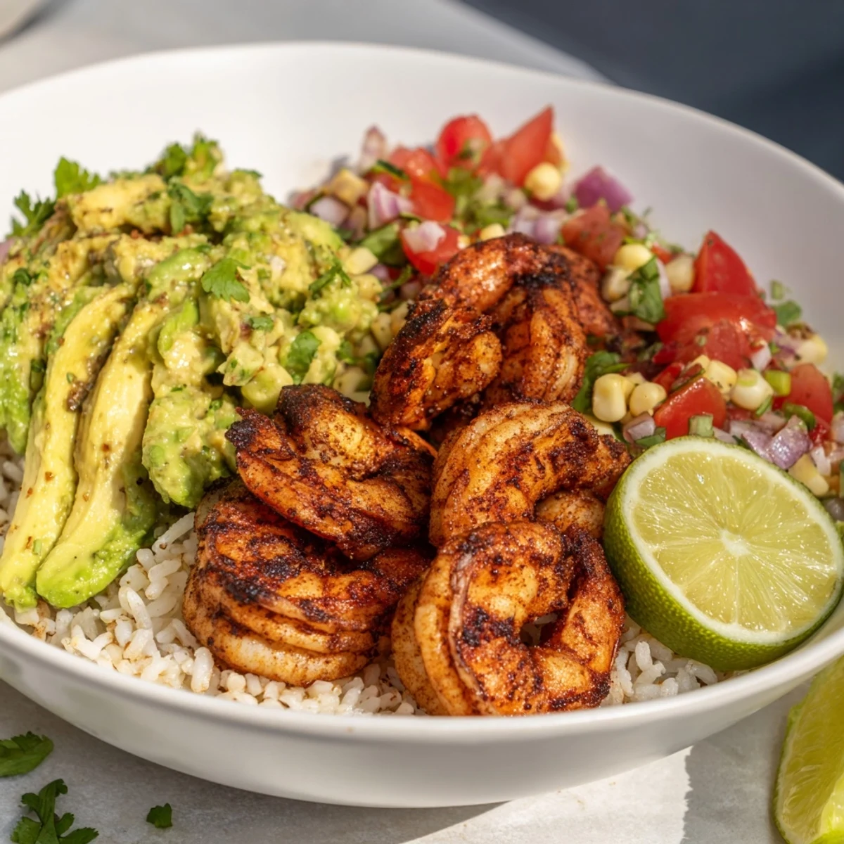 Colorful blackened shrimp bowl with zesty avocado corn salsa and fresh lime wedges.