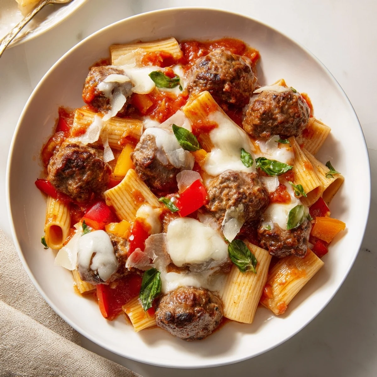 Hearty Italian Meatball Pasta Skillet topped with bubbling cheese and fresh basil.  
