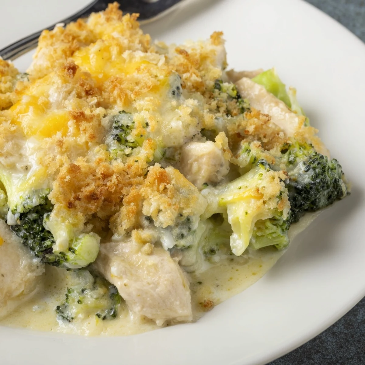 Creamy Chicken & Broccoli Cheddar Bake with a crispy top, a family favorite dish.  