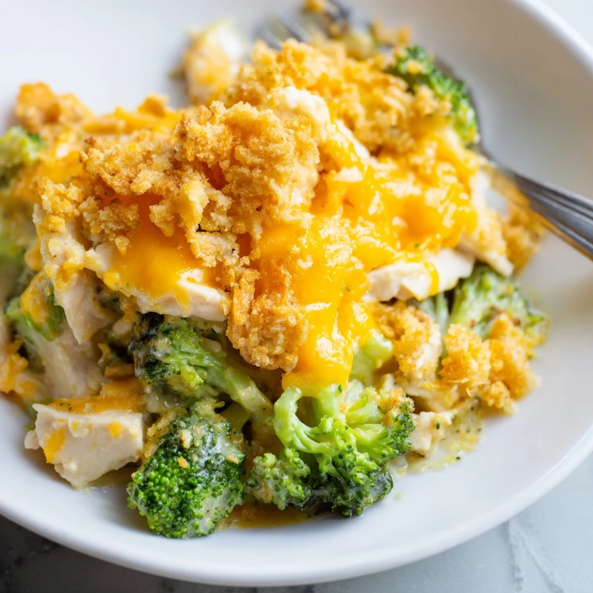 Golden, bubbling Chicken & Broccoli Cheddar Bake, perfect for cozy dinners or potlucks.  