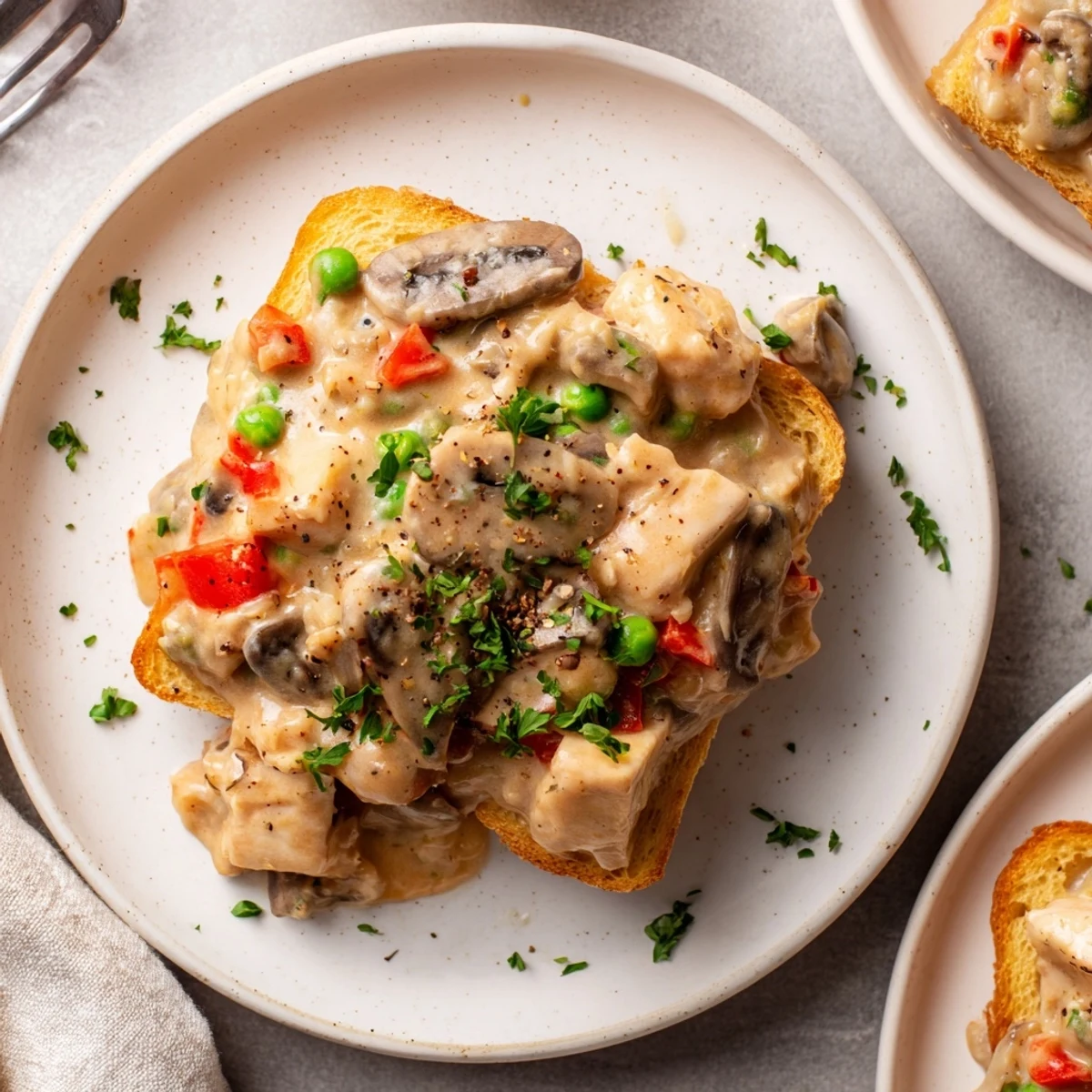 Creamy chicken à la king served over buttered toast, bursting with flavor.  