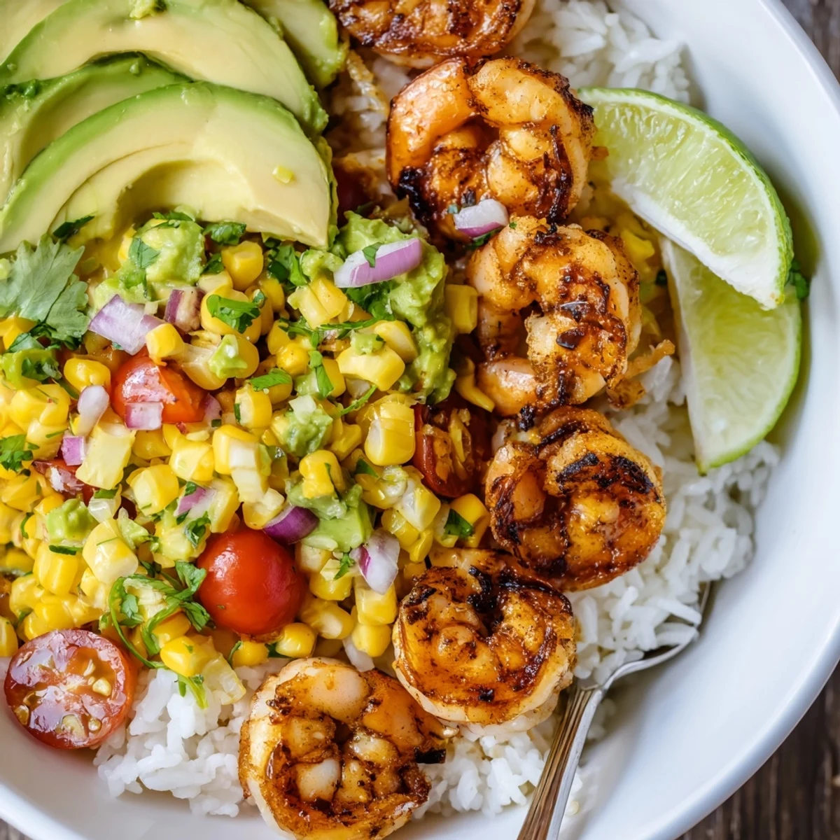 Juicy grilled shrimp bowl with avocado, sweet corn, and zesty lime.  