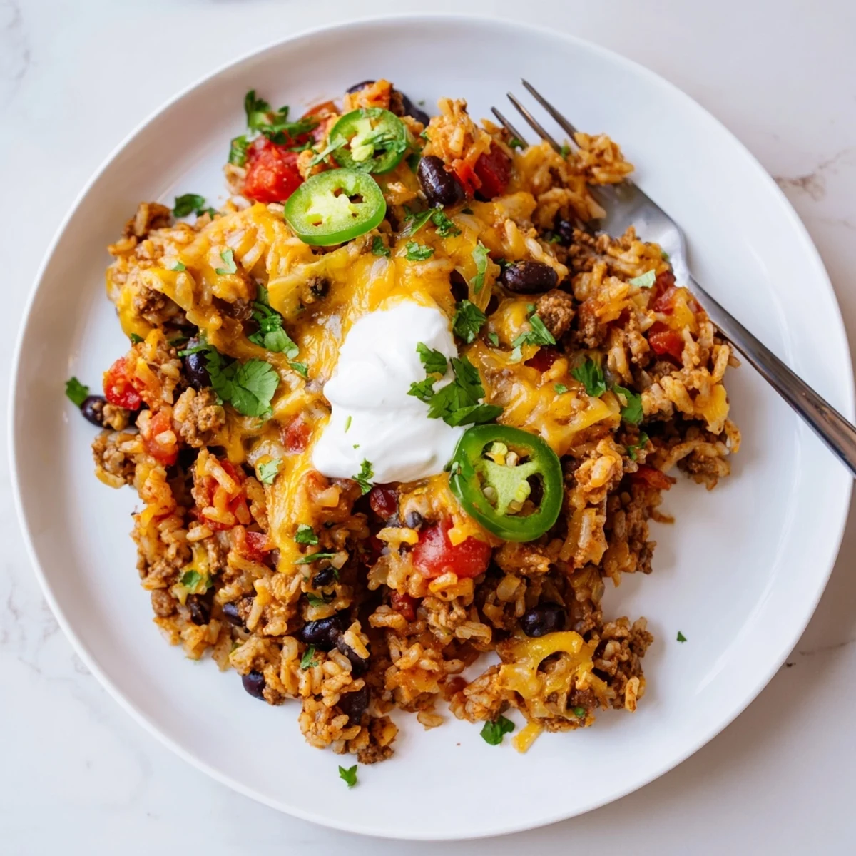 Hearty Tex-Mex Beef & Rice Casserole topped with melted cheese and vibrant toppings.  