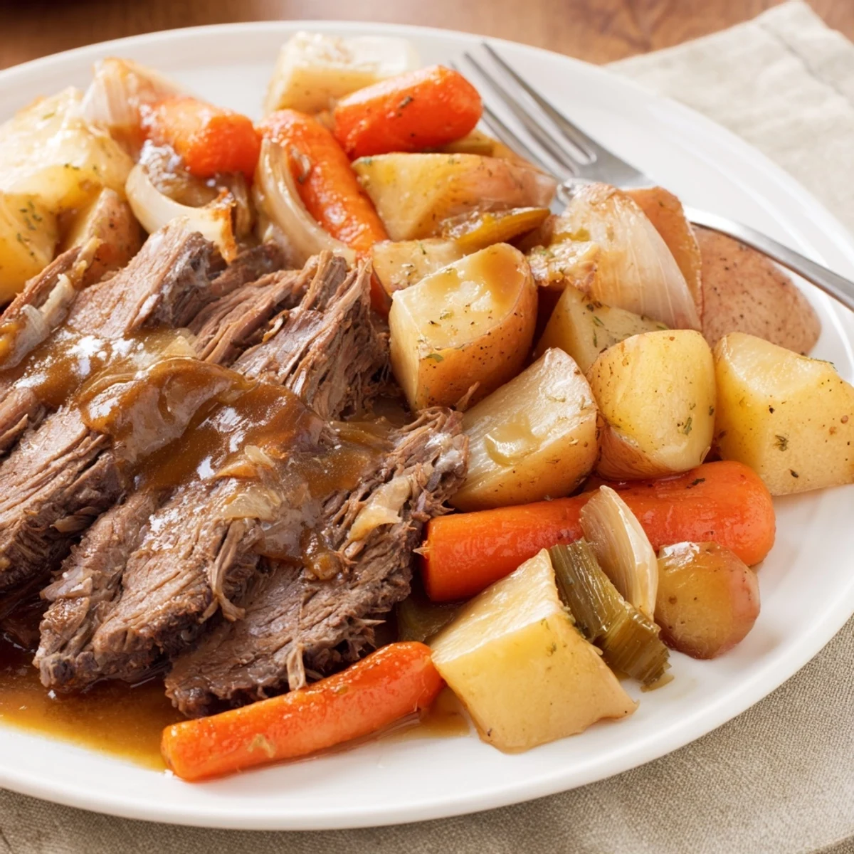 Tender Sunday pot roast served with colorful roasted veggies on a rustic table.  
