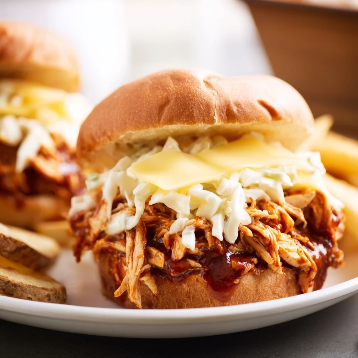 Tender BBQ Chicken Sliders on soft buns, surrounded by golden, crunchy, seasoned French fries.