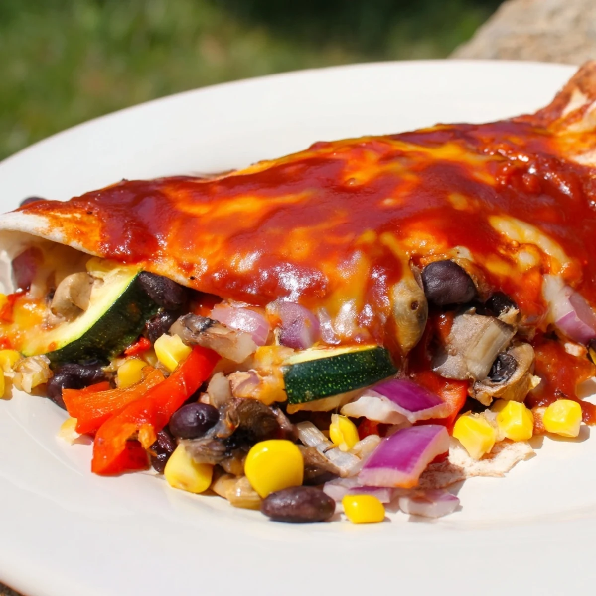 Farmers Market Vegetarian Enchiladas bubbling with cheese and a vibrant, flavorful mix of garden vegetables.
