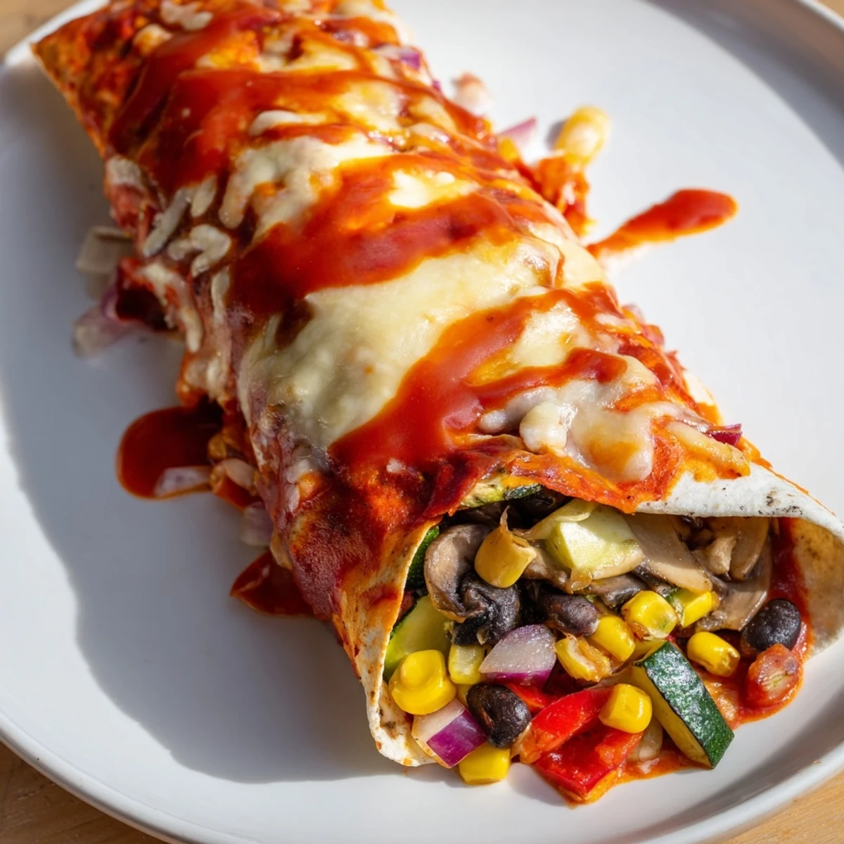 A close-up view of the cheesy, colorful Farmers Market Vegetarian Enchiladas, ready for flavorful bites.