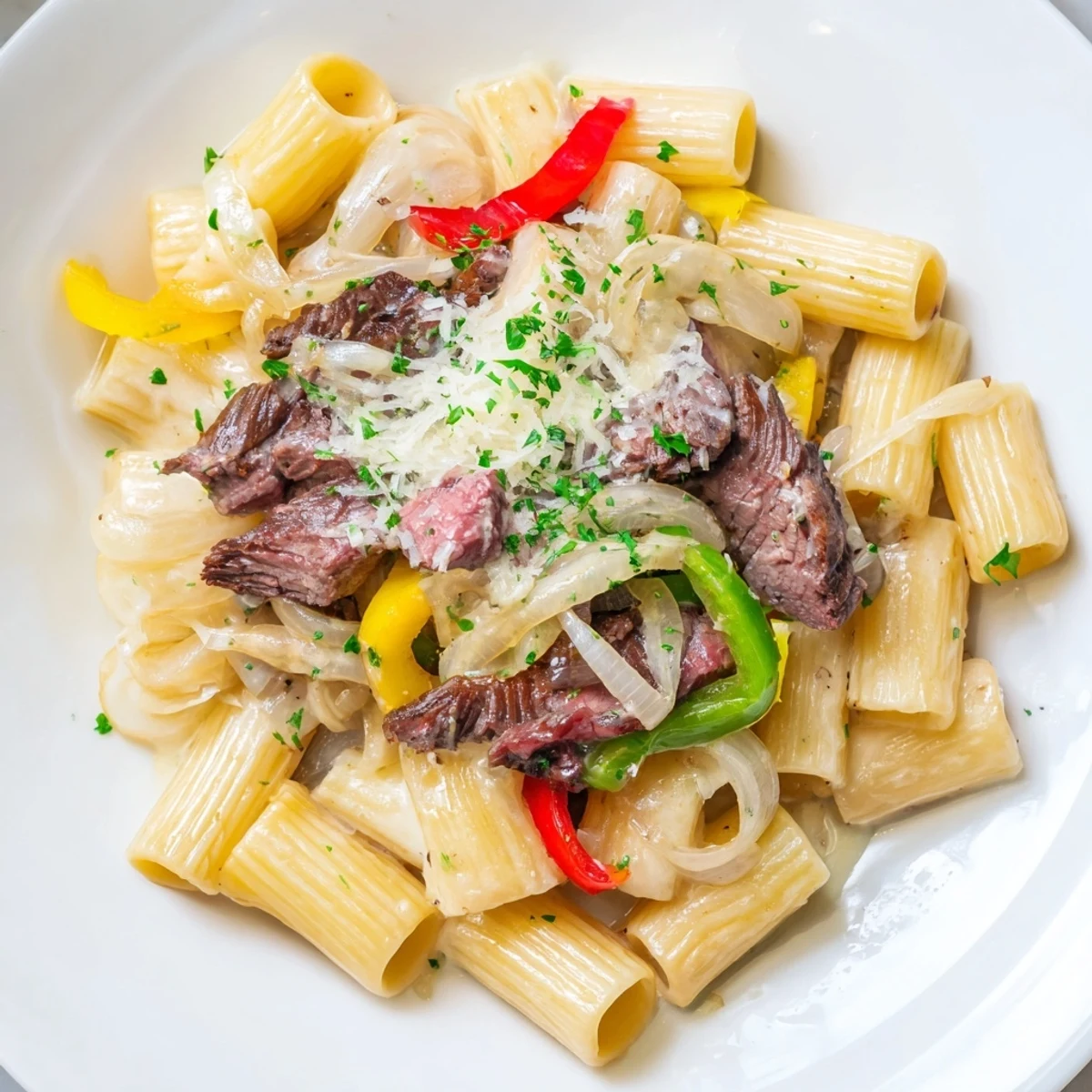 Philly Cheese Steak Pasta glistening, with tender beef and cheesy sauce coating the pasta.