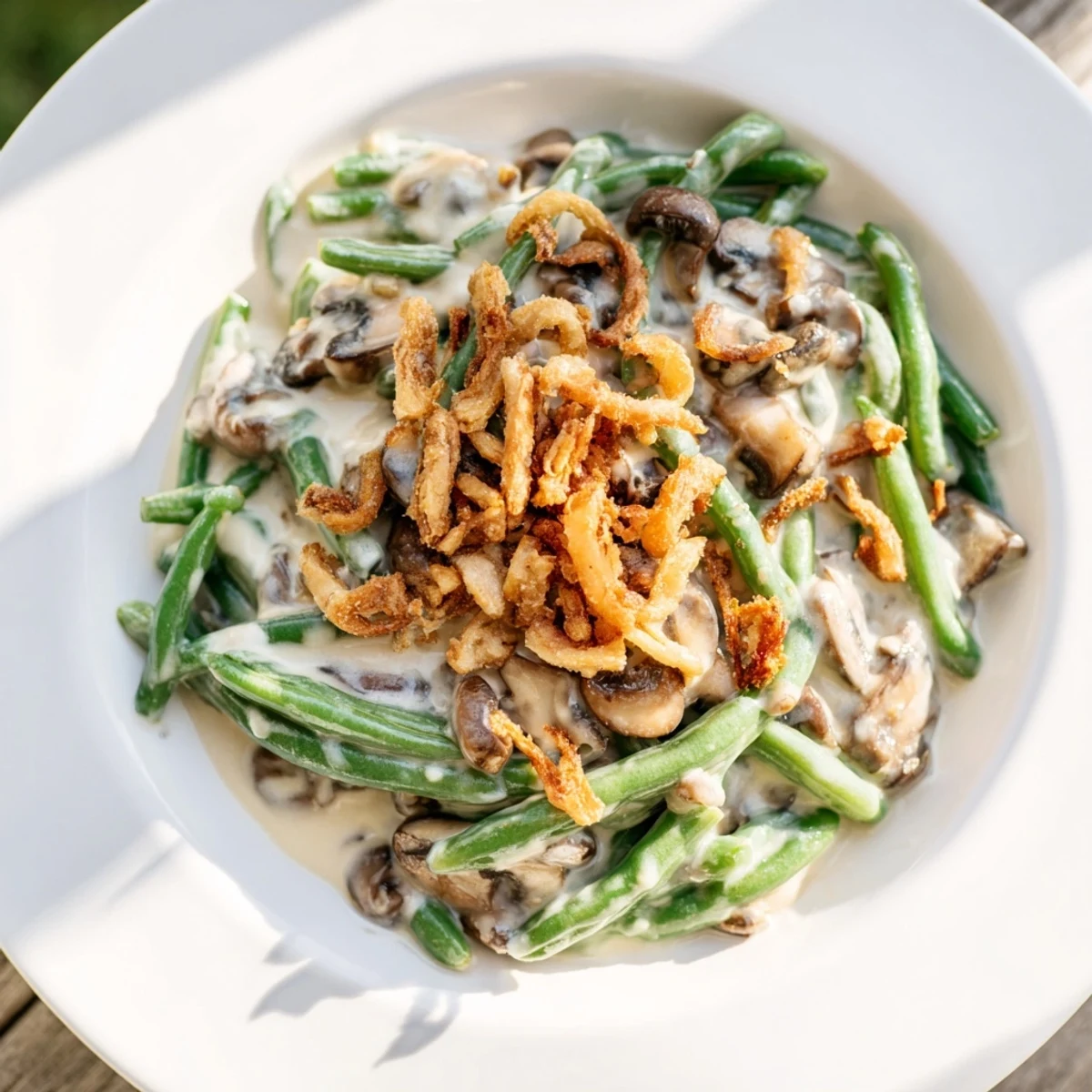 Imagine a bubbly Old-School Green Bean Casserole: tender beans in a rich sauce, topped with crispy onions.