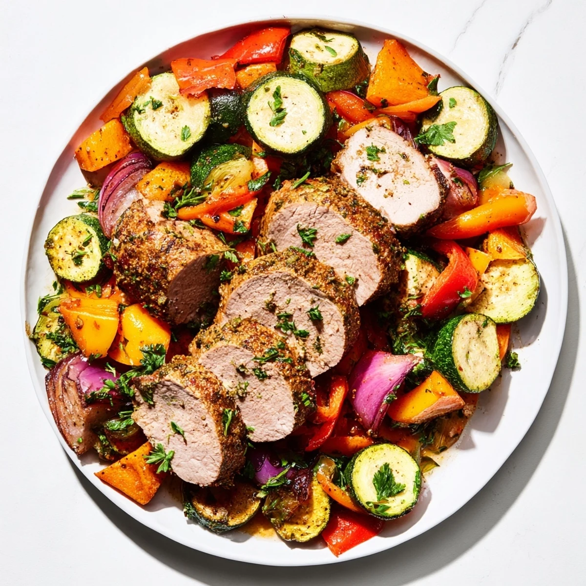 Tender roasted garlic pork tenderloin surrounded by colorful vegetables, perfect for a cozy weeknight meal.
