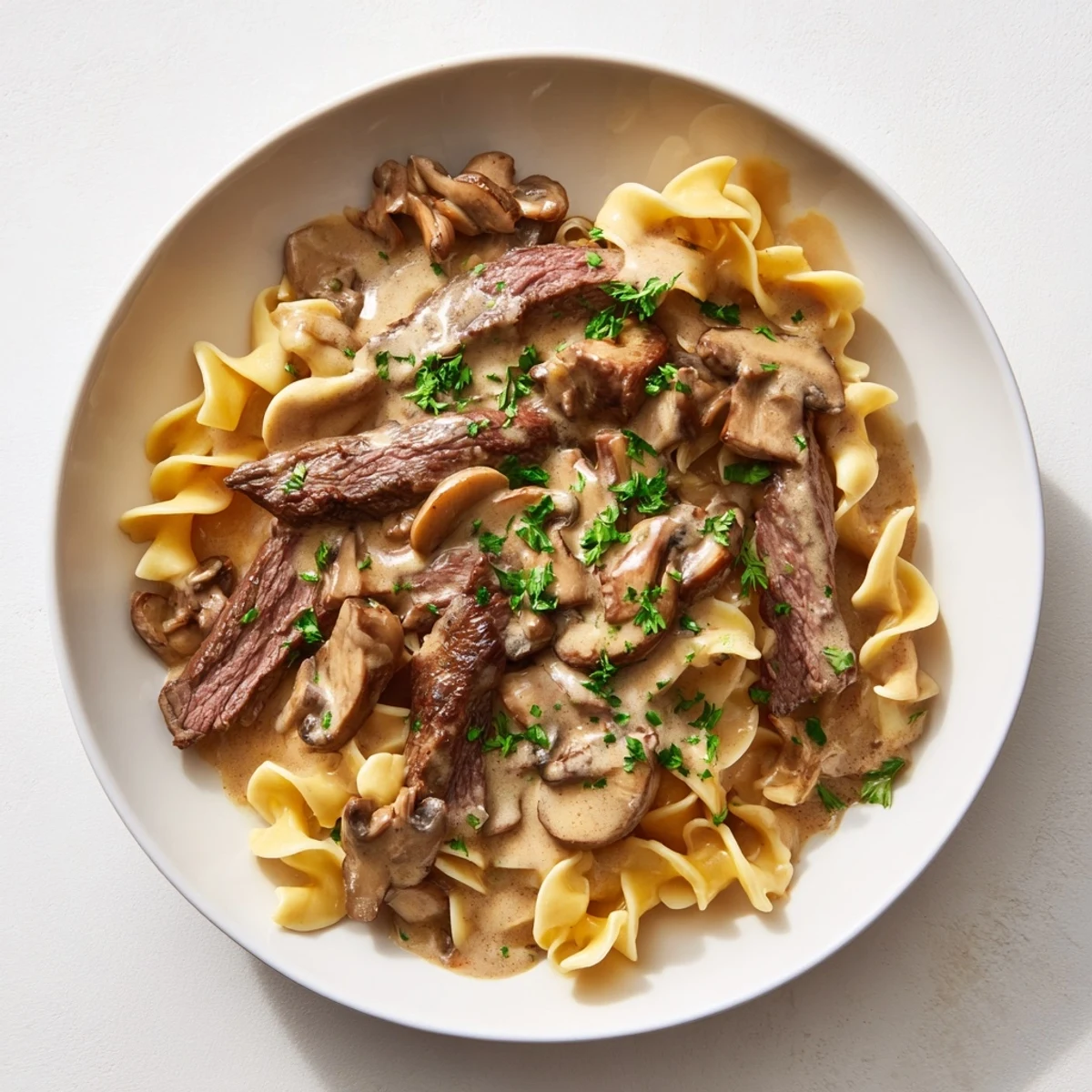 Creamy Mushroom Beef Stroganoff: Tender beef and mushrooms swimming in a rich, creamy sauce with egg noodles.