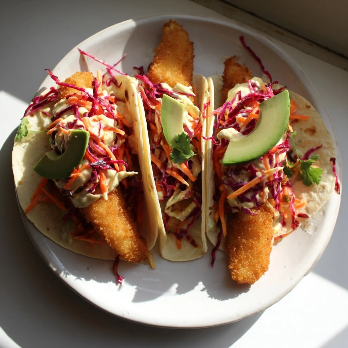 Golden-brown Crispy Fish Tacos with fresh slaw ready to be assembled for a flavorful Mexican-American meal.