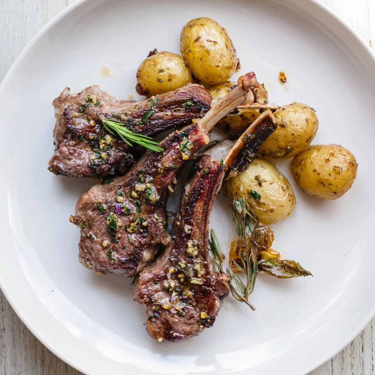 Golden-brown roasted potatoes nestle next to perfectly seared Herbed Lamb Chops, a flavorful dinner idea.
