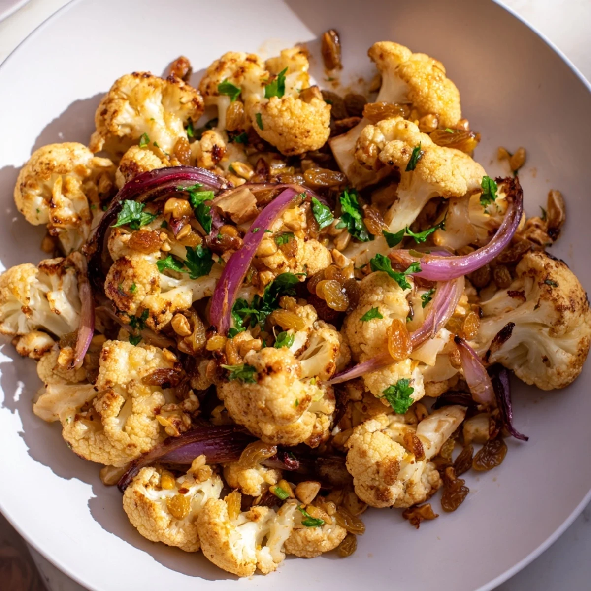 Golden roasted cauliflower salad with lemon pine-nut dressing, ready to serve warm.