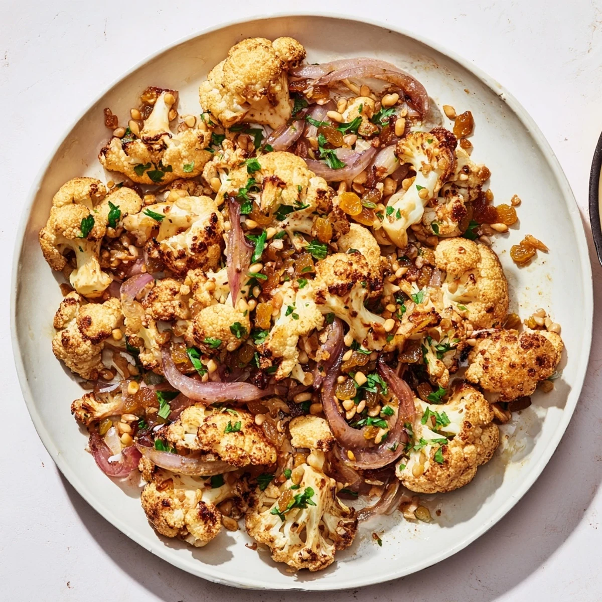 Picture creamy, lemon-dressed Warm Roasted Cauliflower with toasted pine nuts, perfect as a side.