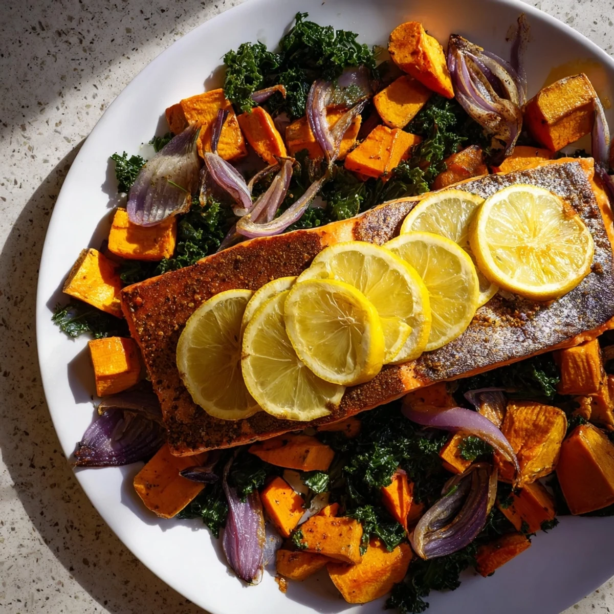 Flaky sheet-pan salmon with roasted winter vegetables; a healthy, colorful dinner option.