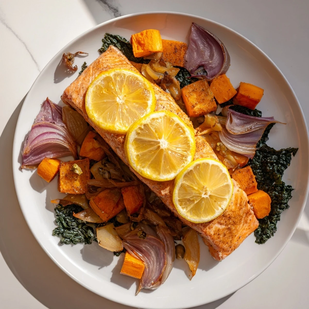 Golden-brown sheet-pan salmon with vibrant root vegetables, ready for a delicious meal.