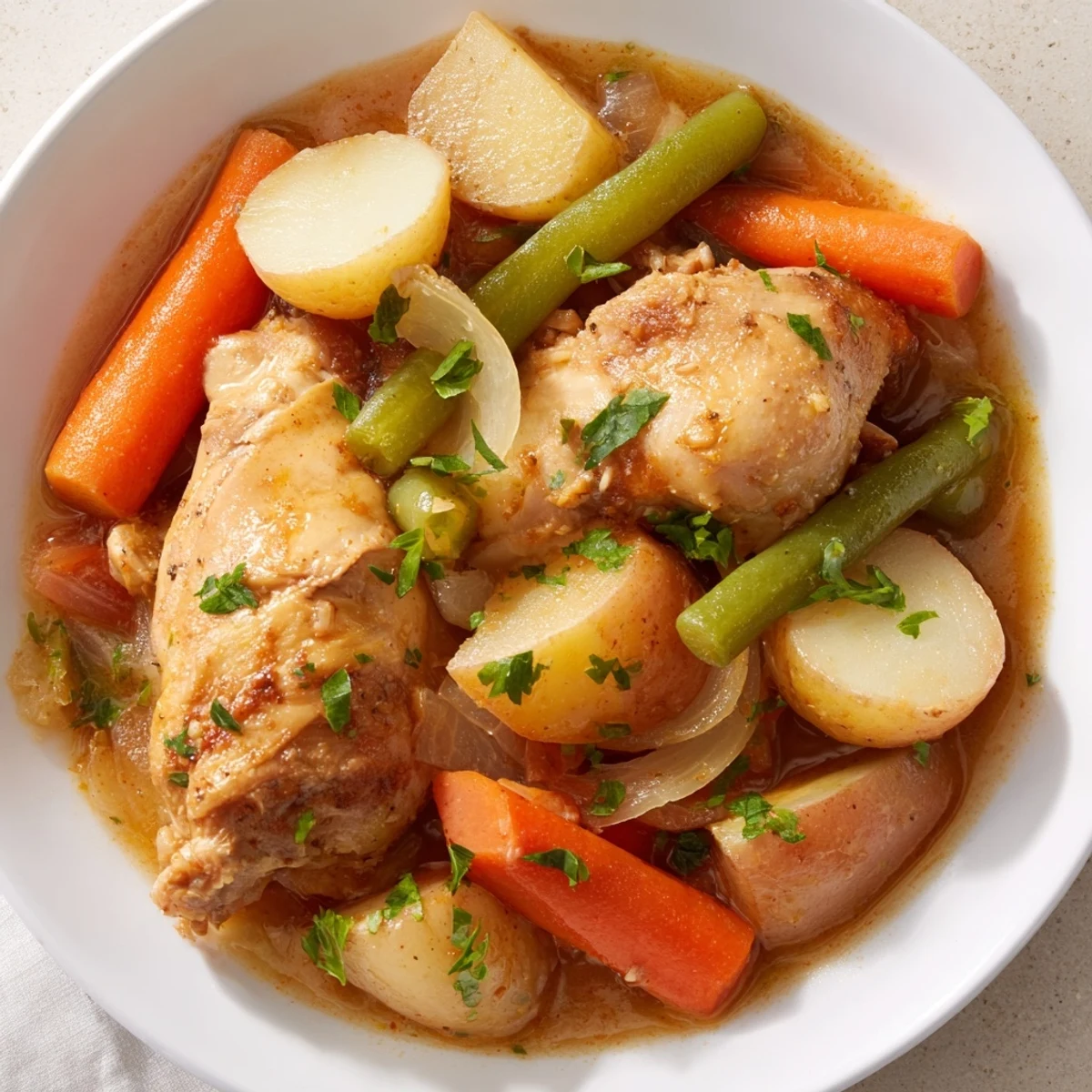 A vibrant photo of a hearty slow-cooker chicken & vegetable stew with tender vegetables and juicy chicken pieces.