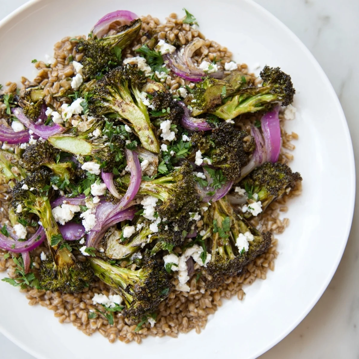 Warm roasted broccoli with garlic-lemon & farro, a vibrant image of a complete, healthy meal.
