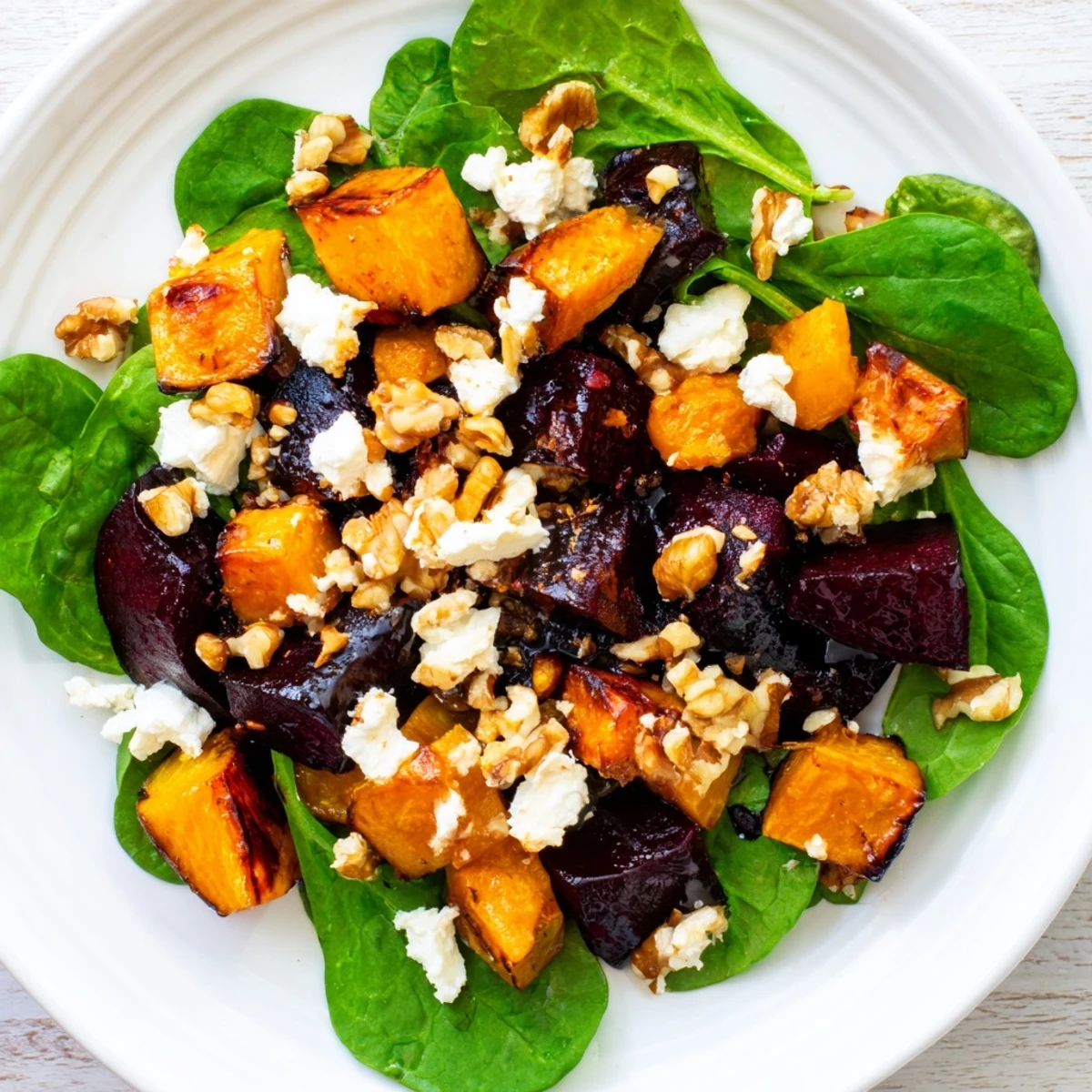 Fresh baby spinach base topped with a savory roasted beet, butternut & goat cheese salad image.