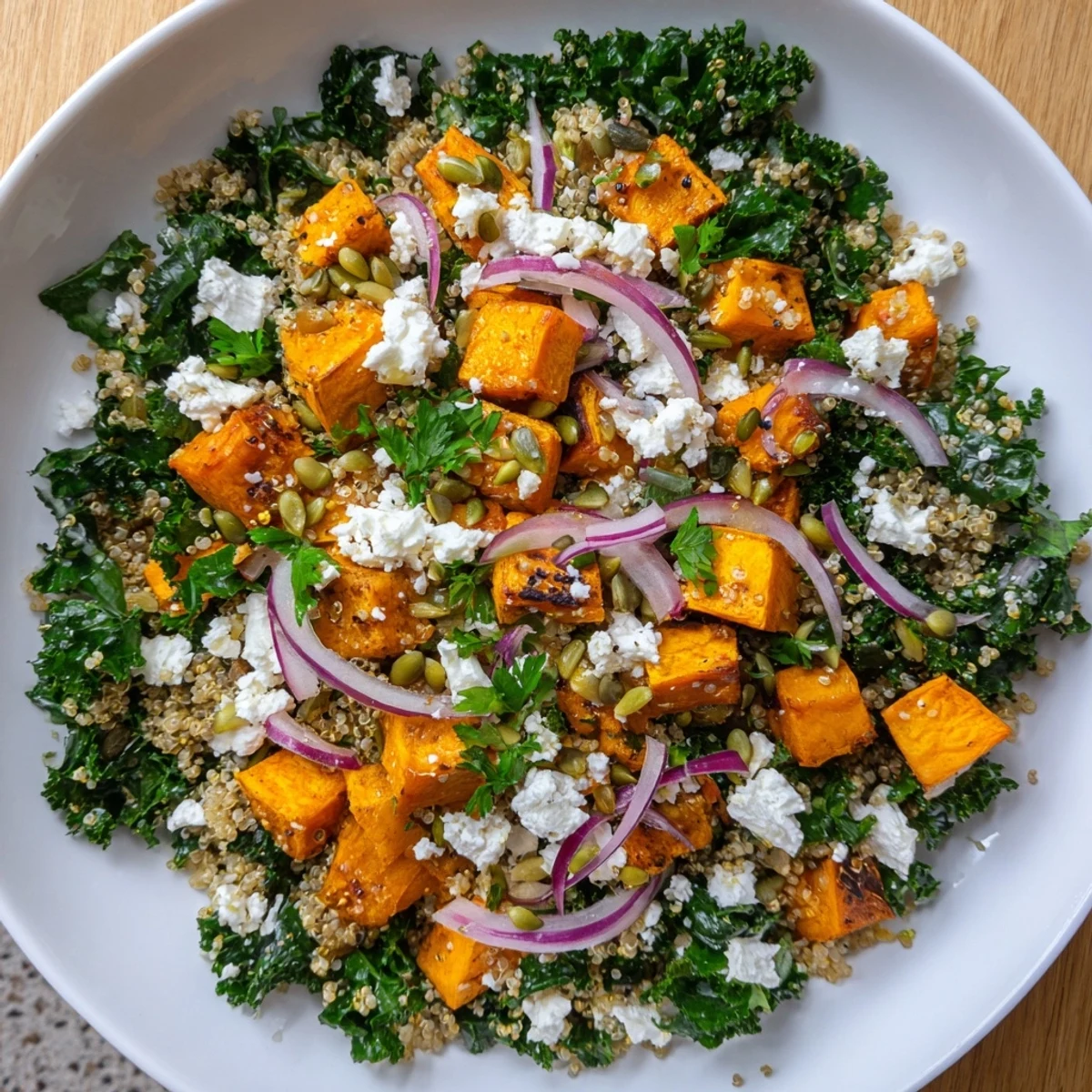 Close-up of a Kale & Quinoa Salad, featuring orange sweet potato and a bright lemon dressing.
