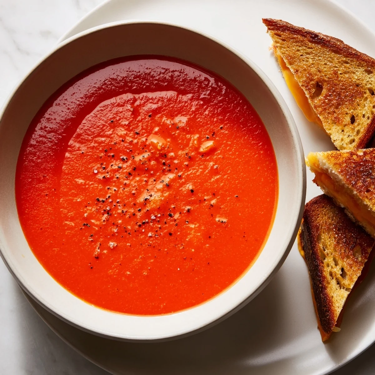 Steaming bowl of 5-Ingredient Tomato Soup beside golden, cheesy grilled cheese for dunking.
