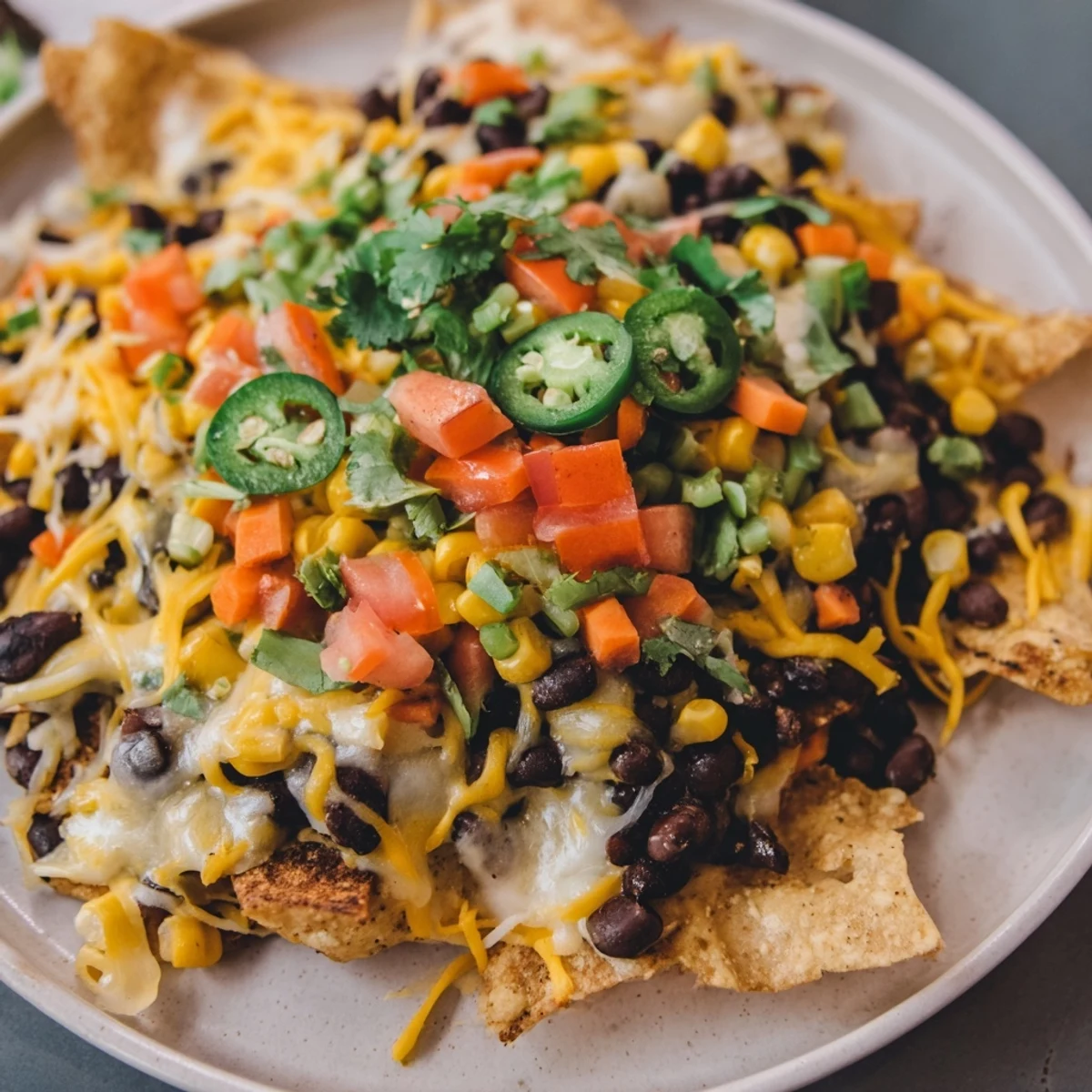 Sheet-pan nachos featuring melted cheddar, beans, and colorful veggies, ready to enjoy with toppings.