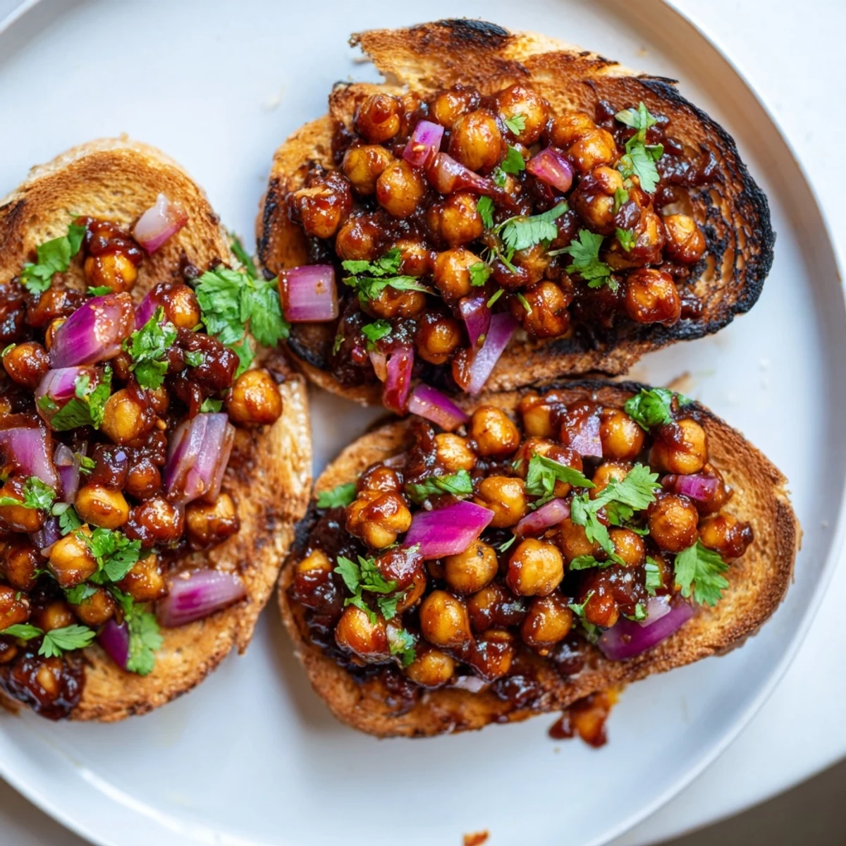Close-up of a plate with BBQ chickpeas on toast, garnished with fresh cilantro and avocado.