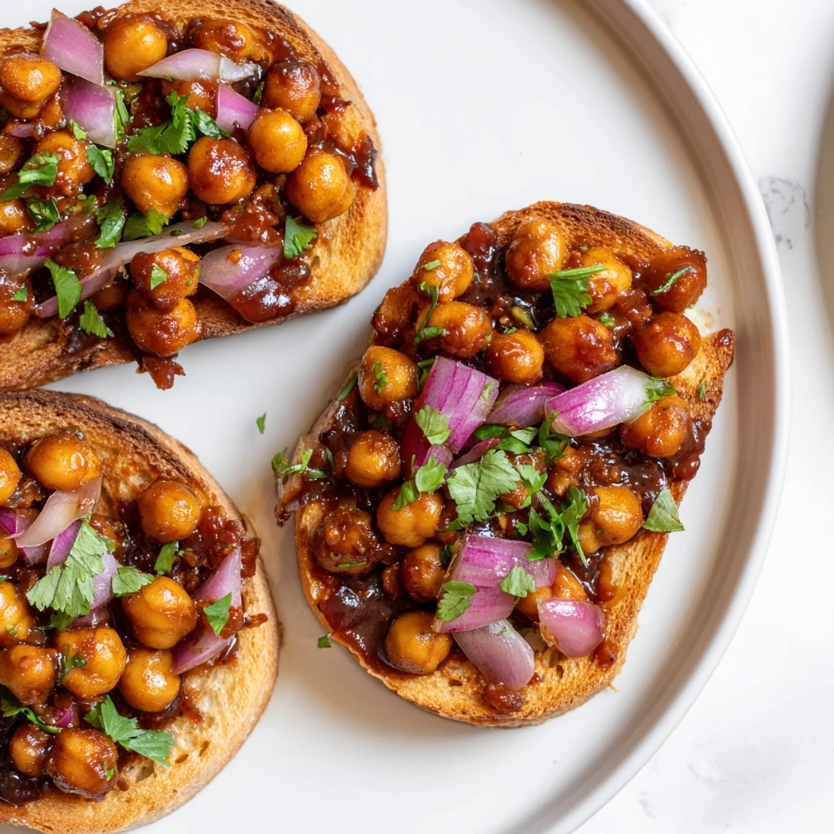 A generous serving of flavorful BBQ chickpeas on toasted bread, a quick and delicious vegan recipe.