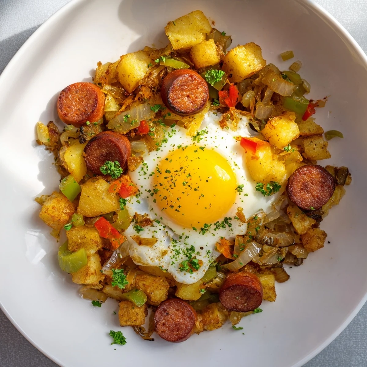 Golden brown Egg & Potato Hash with hot dogs, offering a savory breakfast feast, ready to enjoy.