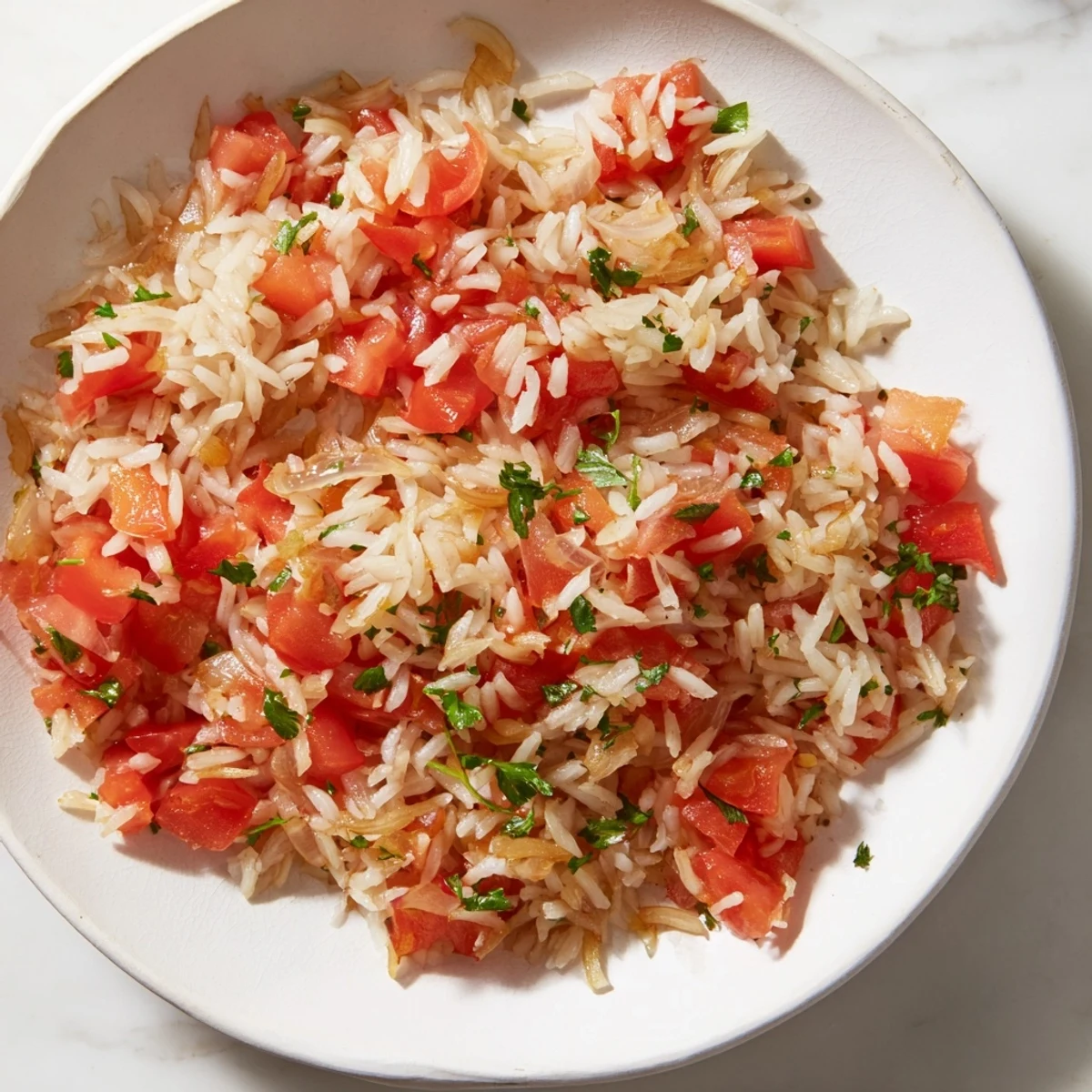 Steaming Tomato-Rice Skillet Dinner, featuring fluffy rice, bright tomatoes, and herbs, ready to serve or enjoy.