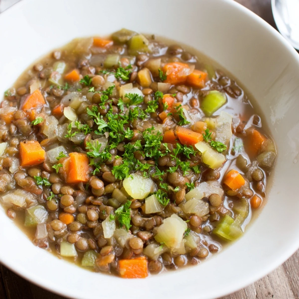 Steaming bowl of Lentil Soup with carrots and celery, garnished with fresh herbs, ready to serve.