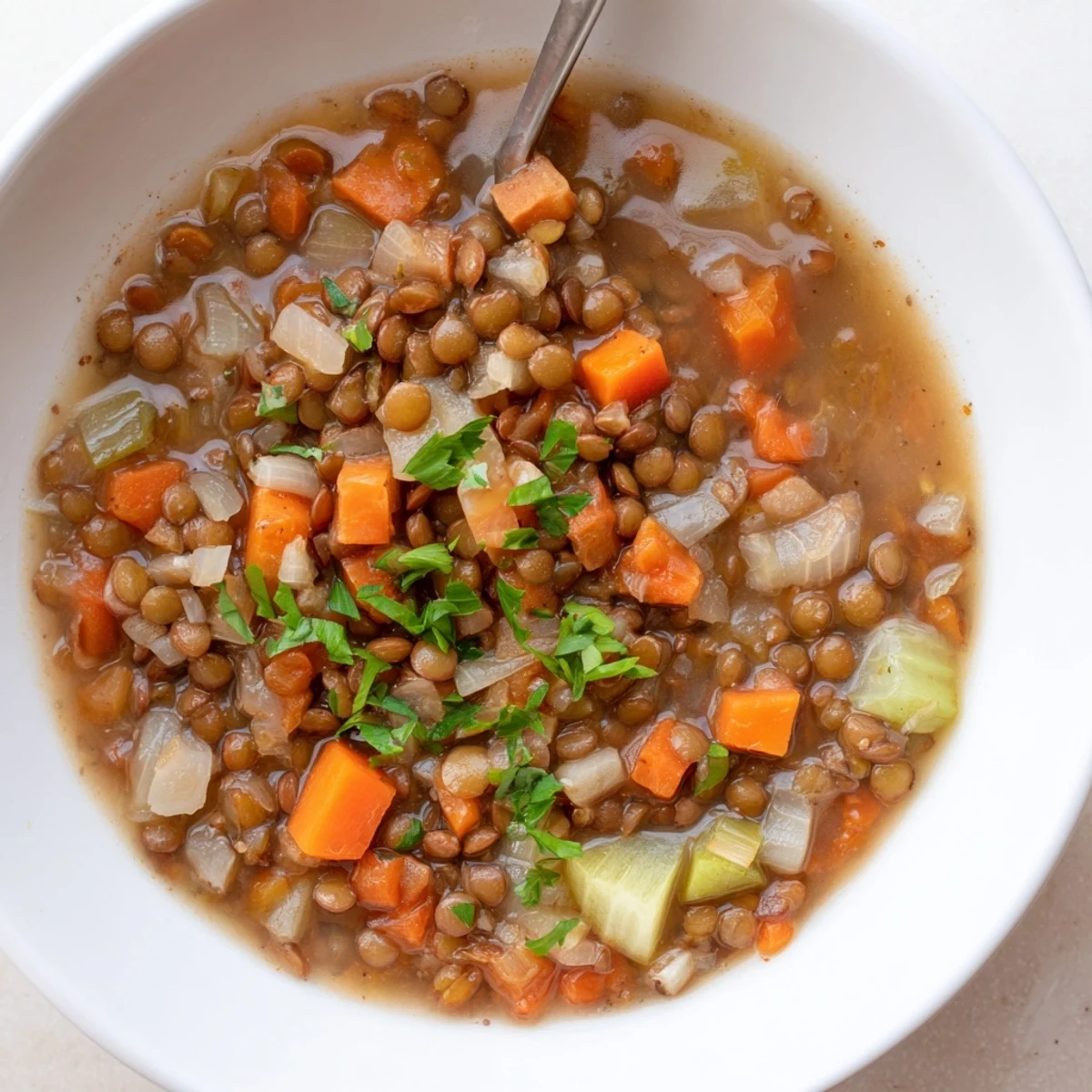 Savory Lentil Soup brimming with tender lentils, celery, and carrots, perfect for a cozy dinner.