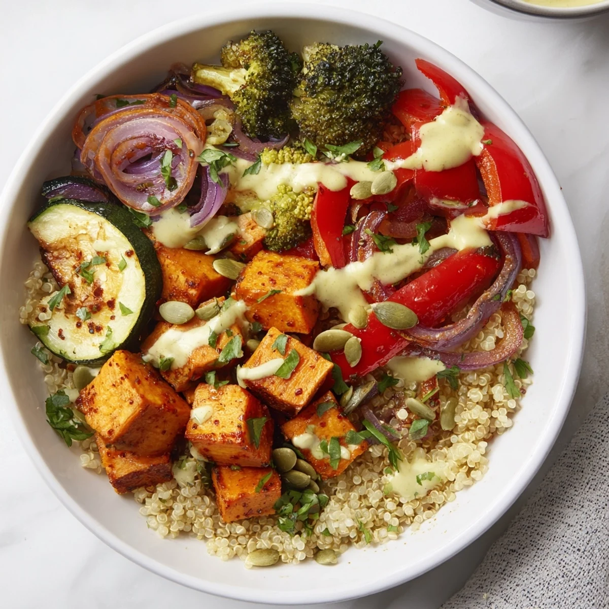 Homemade quinoa bowl recipe, featuring tender roasted vegetables topped with a flavorful tahini sauce.