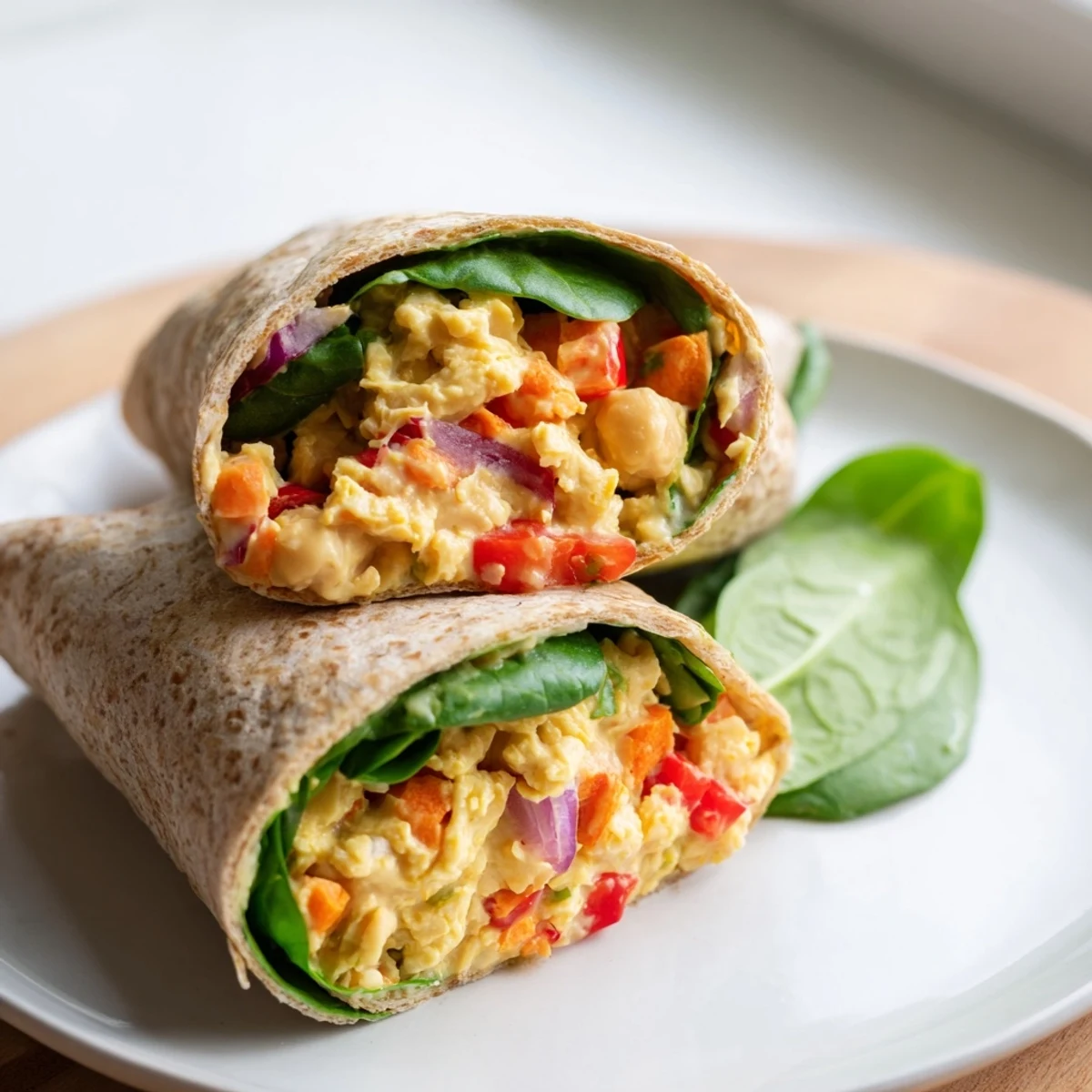 Freshly made chickpea salad wraps ready to eat, bursting with colorful veggies and creamy filling.