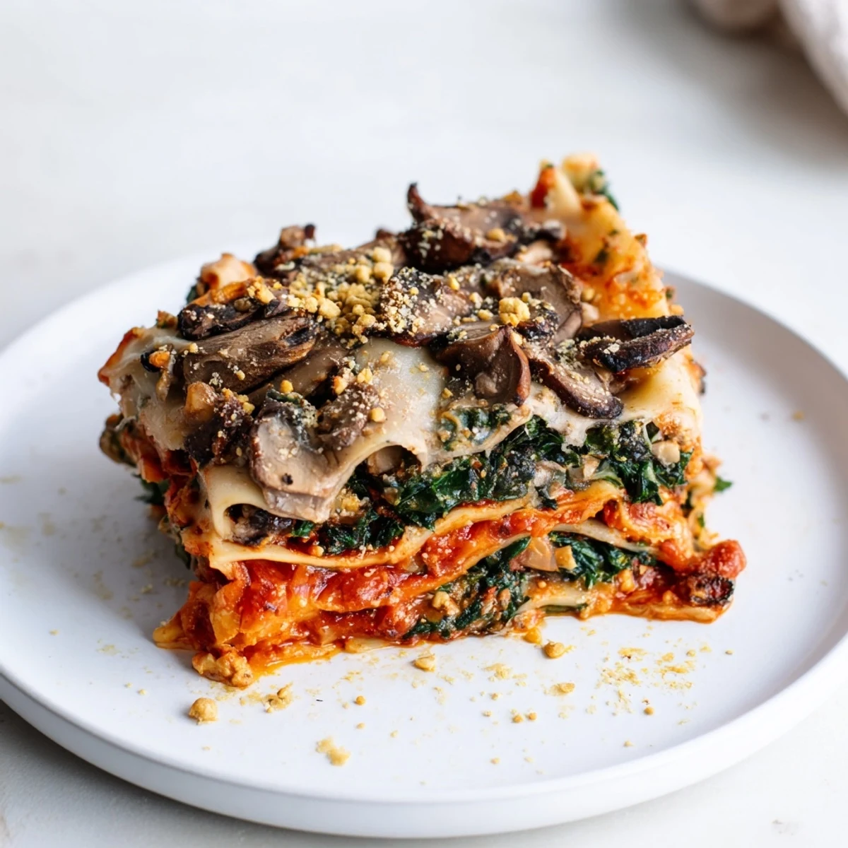 Savory Vegan Mushroom Spinach Lasagna, hot from the oven, with fresh basil as a vibrant garnish.