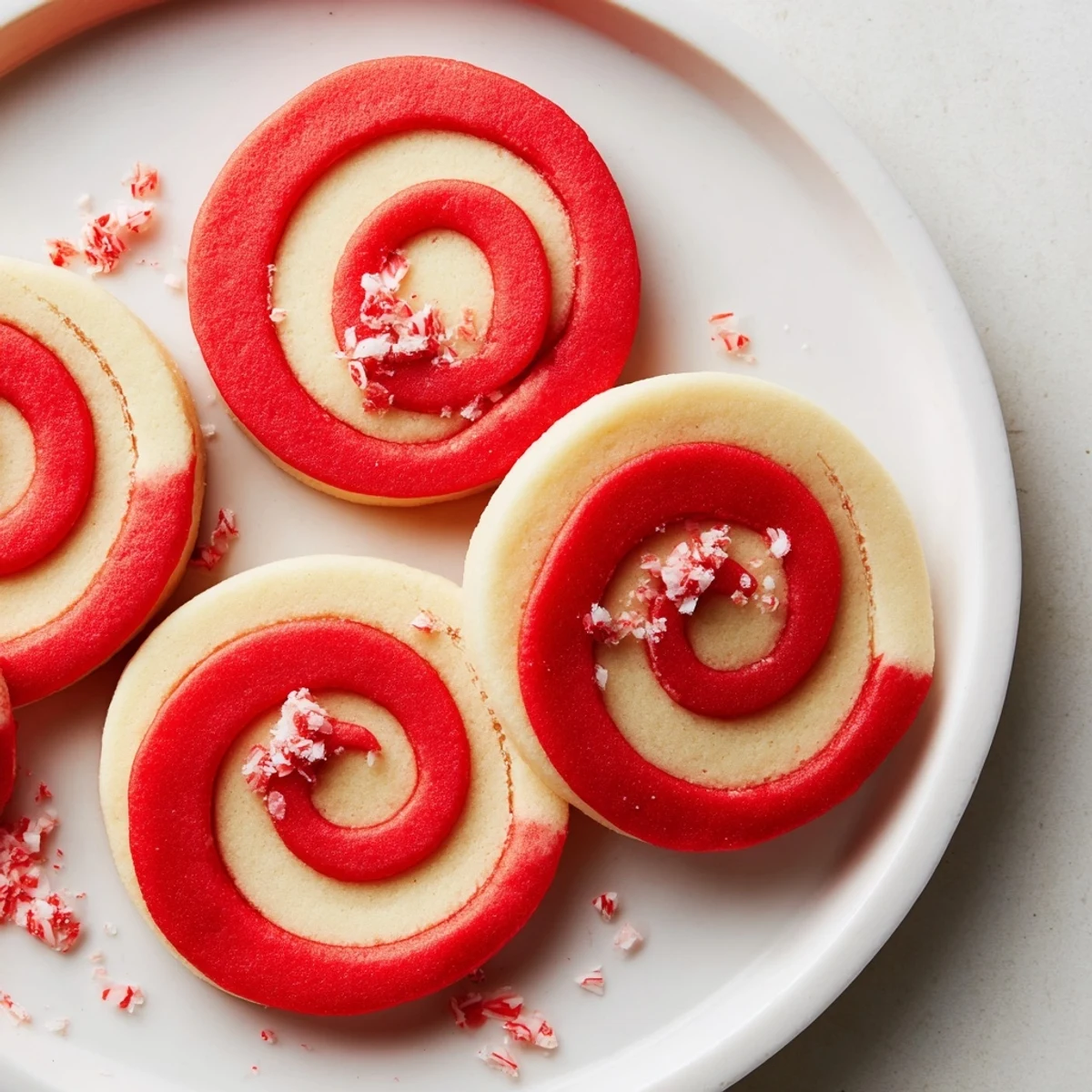 Close-up of baked Candy Cane Pinwheel Cookies with peppermint aroma and beautiful swirling patterns.