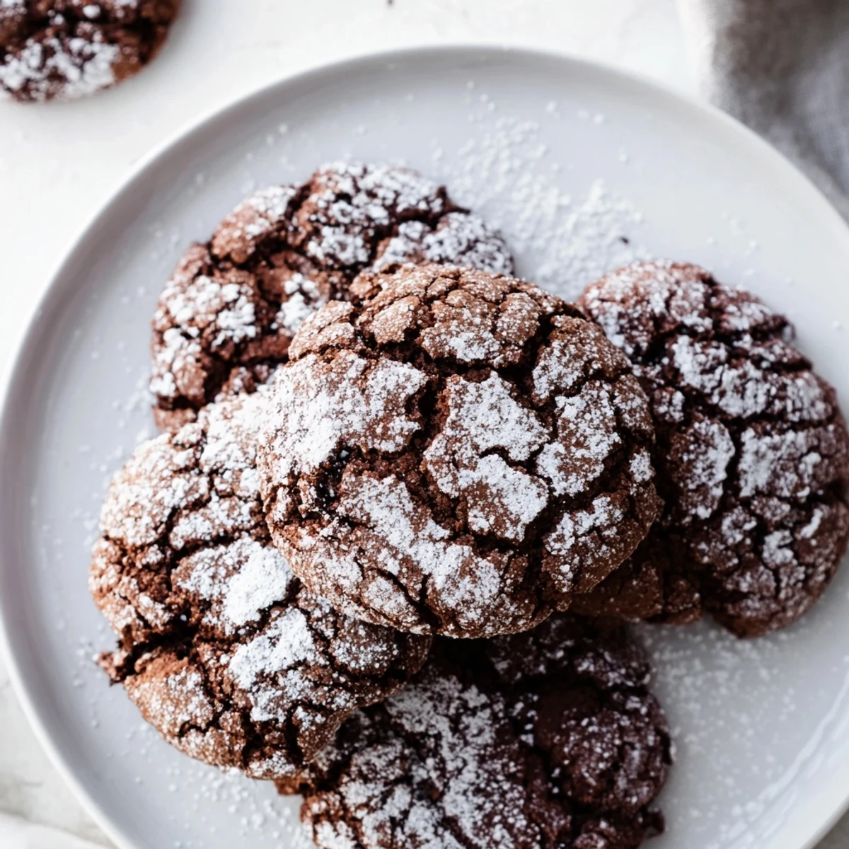 Close-up of perfectly crackled Chocolate Gingerbread Crinkle Cookies; a warm, holiday dessert favorite.